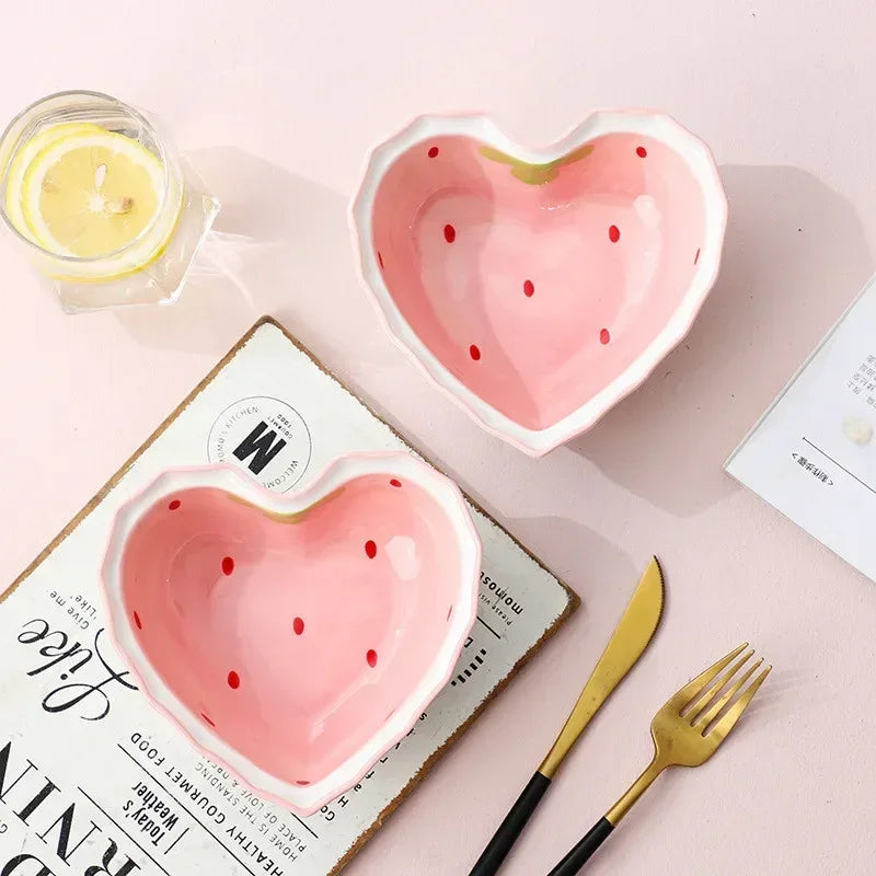 Strawberry Ramen Bowls and Spoons Creative Ceramics Anti-scald Instant Noodle Bowl Cute Strawberry Bowl Pretty Bowl Soup bowl