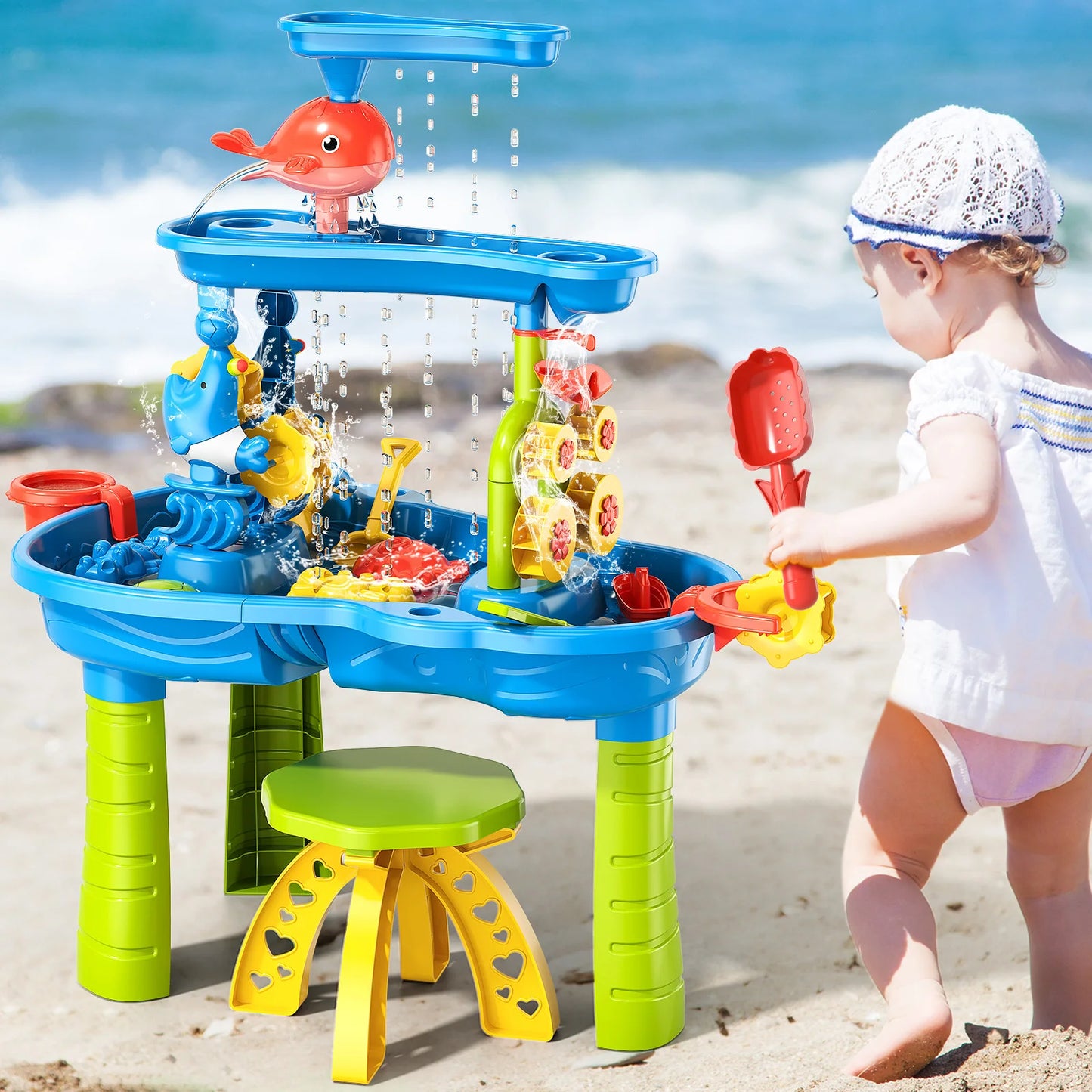 Outdoor sand and water sensory toy with funnel and shovel tools for children aged 3-8, beach and summer toys for boys and girls