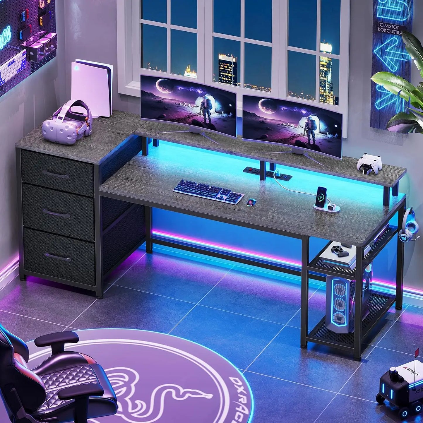 59" Office Desk with Drawers, Reversible Computer Desk with File Drawers & Storage, Gaming Desk with LED Lights & Power Outlet