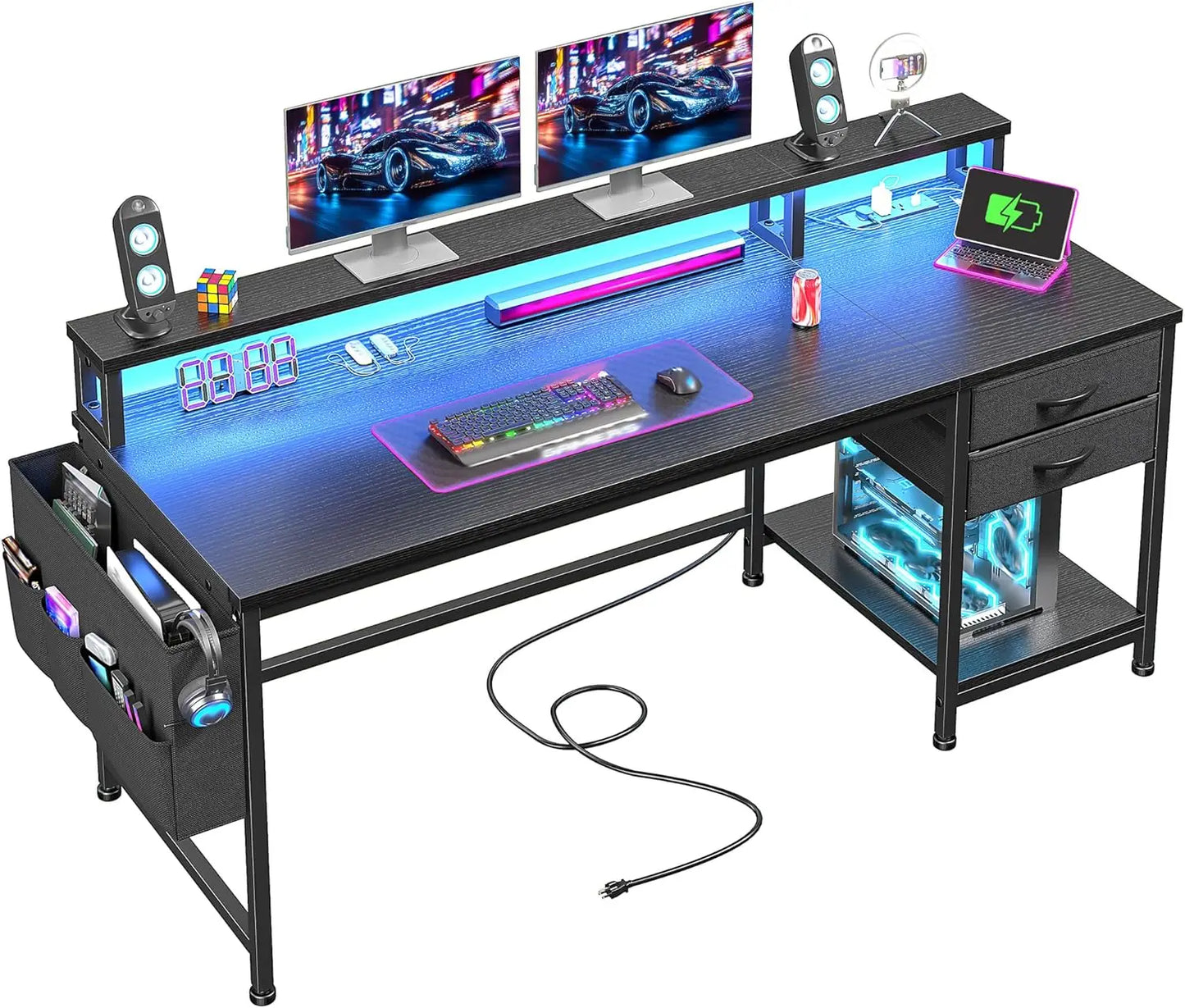 Computer Desk with Drawers & Storage Bag, Office Desks with Power Outlets & Monitor Stand, Home Office Desks for Bedroom