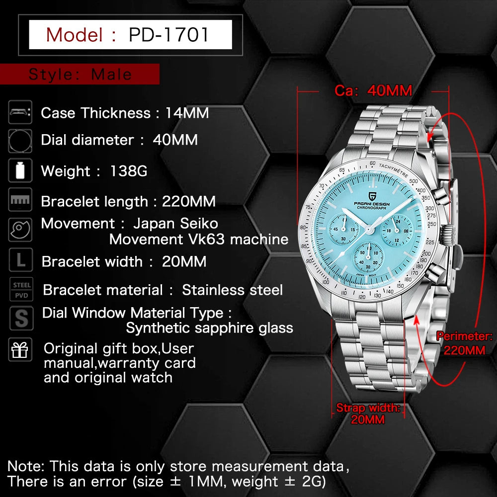 PAGANI DESIGN 2025 New Moon Watches Men Quartz Watch For Men Auto Date Speed Sport Chronograph AR Sapphire Mirror Wrist watch