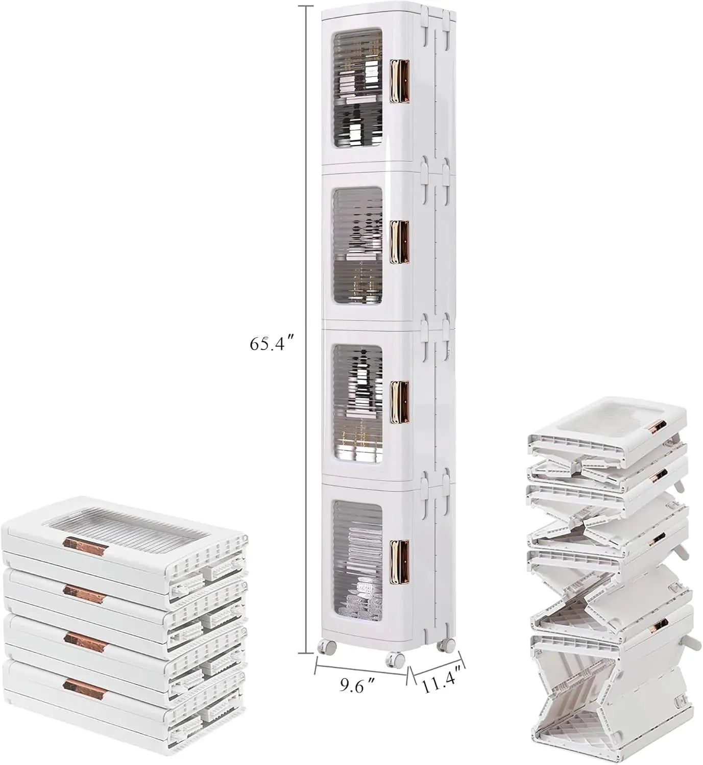 4-Tier Plastic Tall Narrow Storage Cabinet with Movable Wheels, Adjustable Shelves, Magnetic Doors,
