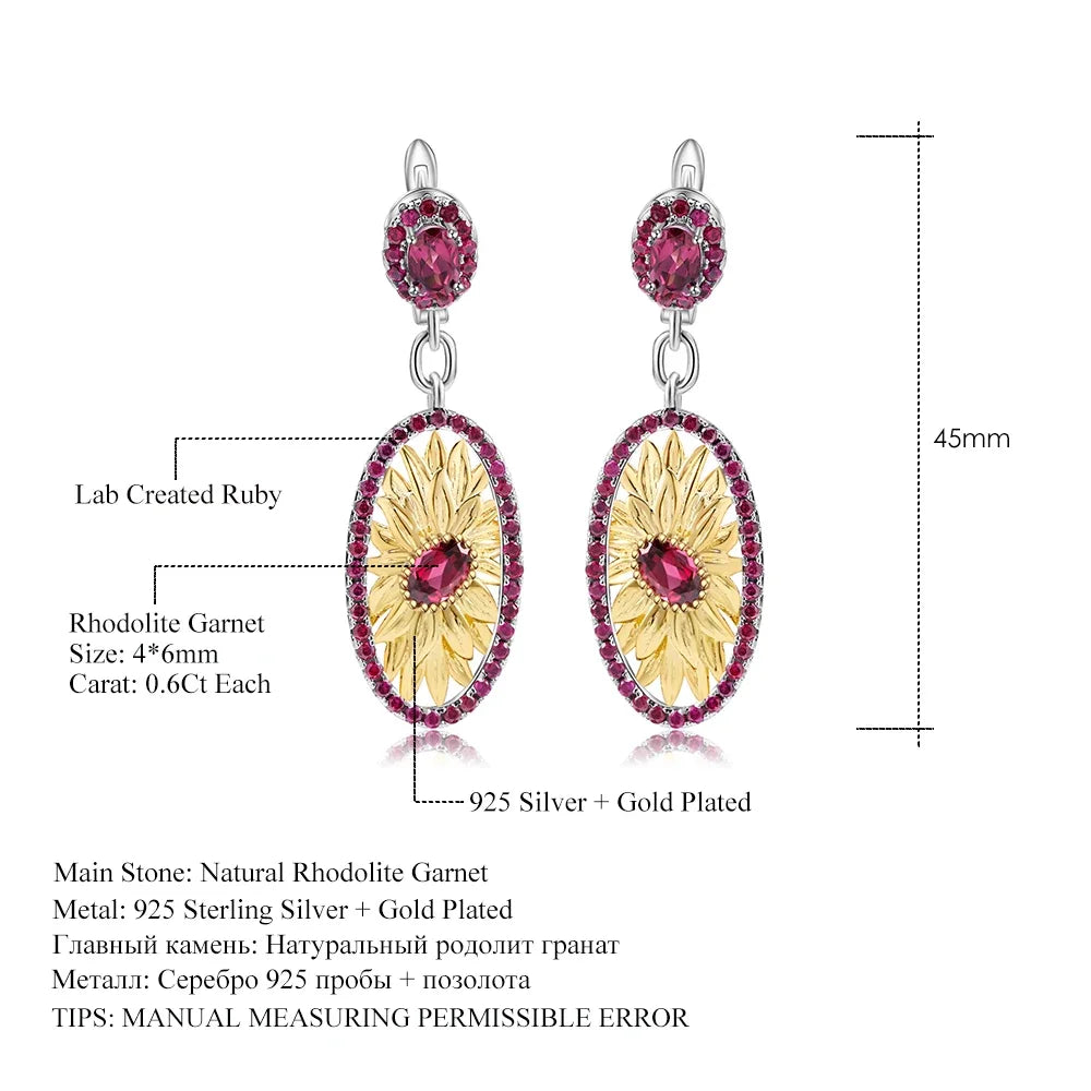 Gems Ballet 925 Silver Rhodolite Garnet Sunflower Earrings