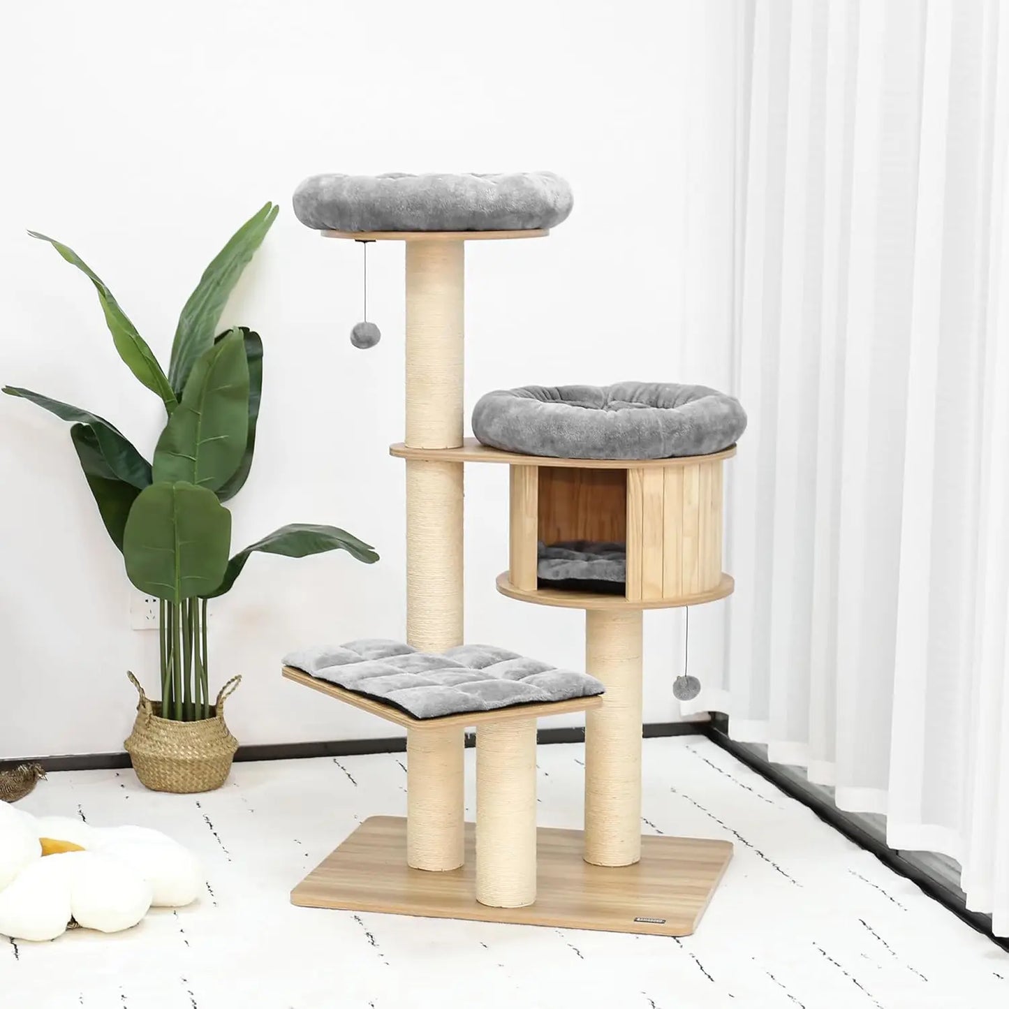 Tall Modern Cat Tree, 53'' Cat Tower, Cat Tree for Indoor Cats Large Adult, Multi-Level Scratching Post with 3 Imitation