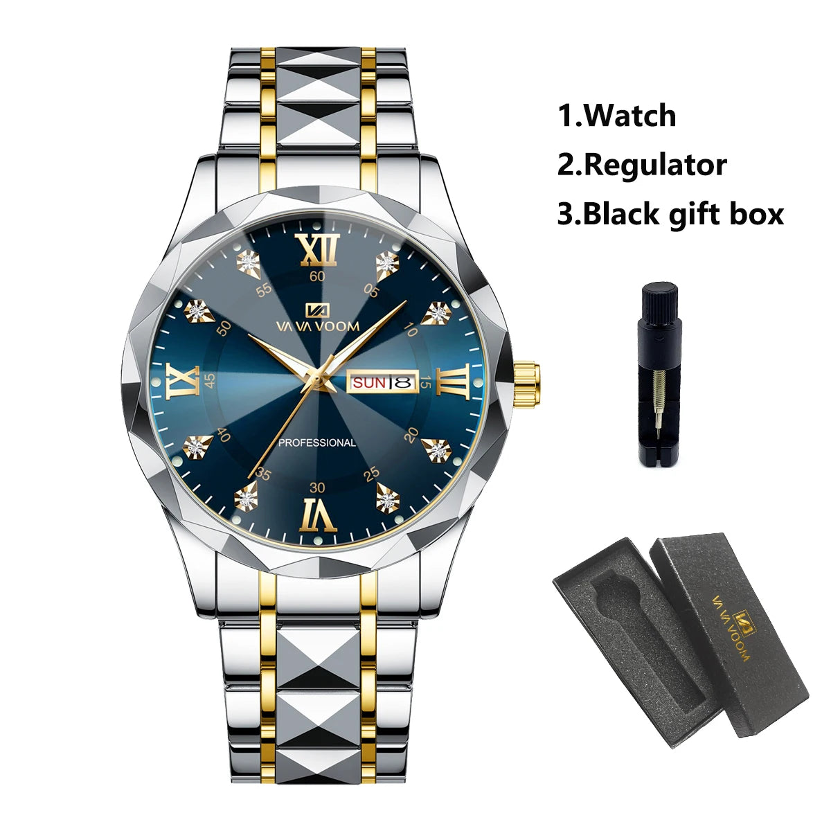 Men Watch Water Diamond Luxury Night Glow Double Calendar Quartz Movement 41mm Blue Gold Stainless Steel Fashion Business Watch