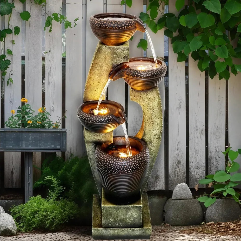 Modern Outdoor Fountain - 4 Crocks Outdoor Garden Fountains with Contemporary Design&LED Light for Garden,Patio, Deck, Porch