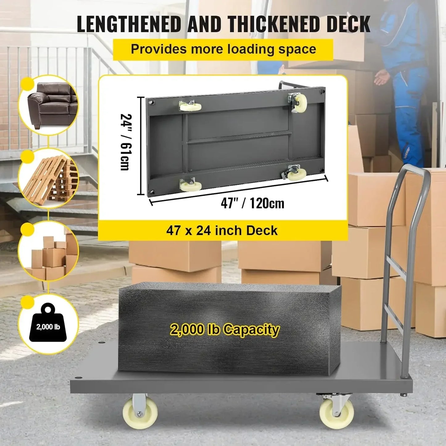 Platform Truck, 2000lbs Capacity Steel Flatbed Cart, 47"Length x 24"Width x 32"Height Flat Dolly, Hand Trucks with5"Nylon Caster