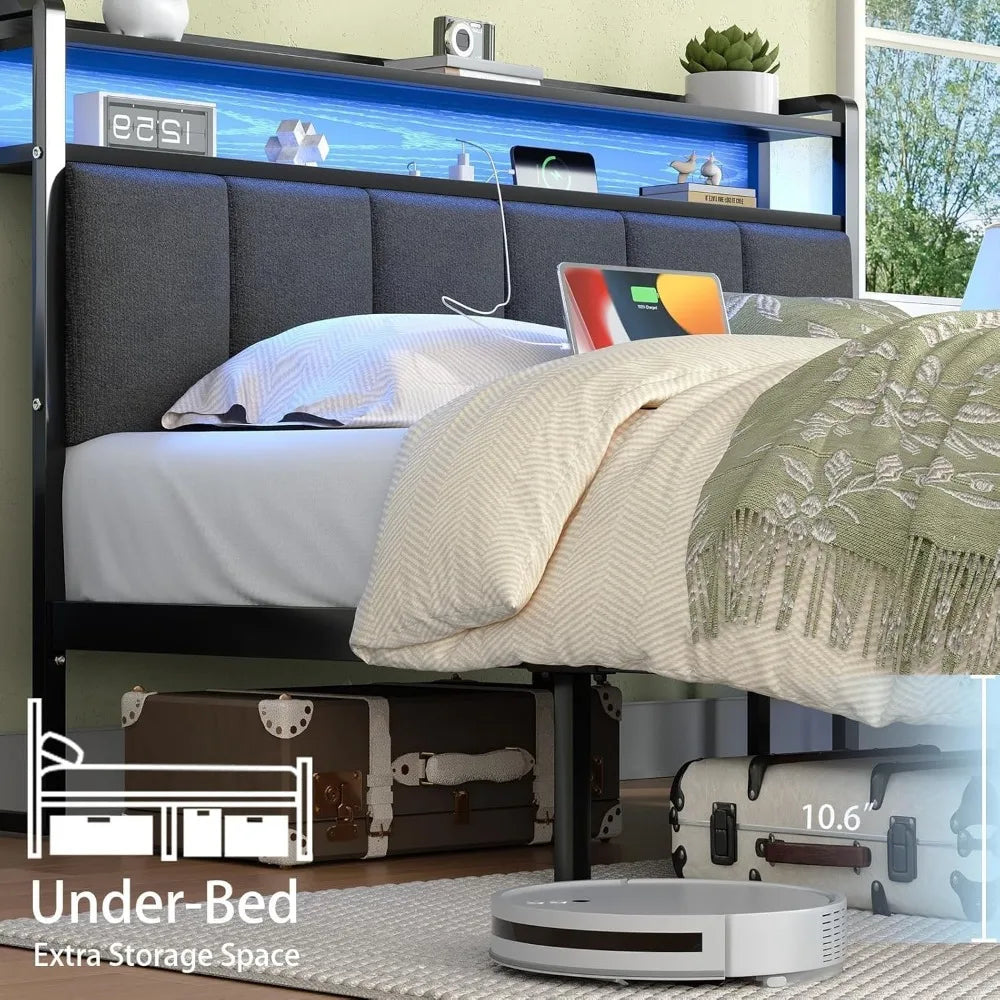 Queen Size Metal Platform Bed Frame with LED Lighting and Charging Station, Upholstered Storage Headboard Included