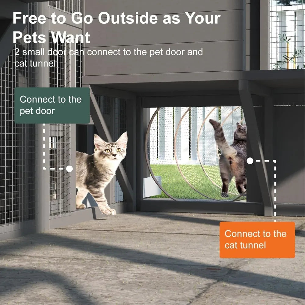 Catio Outdoor Cat Enclosure, Large Cat House for Mulitiple Cats Walk in Cat Cage with Waterproof Cover and Sunshine Panel Roof,