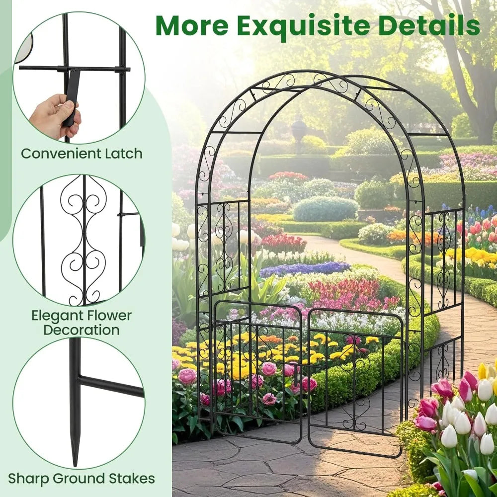 Garden Arbor with Gate, 84" H x 54" W Metal Arch Trellis for Climbing Plants Rose Vines, 6 Sharp Ground Stakes, Heavy Duty