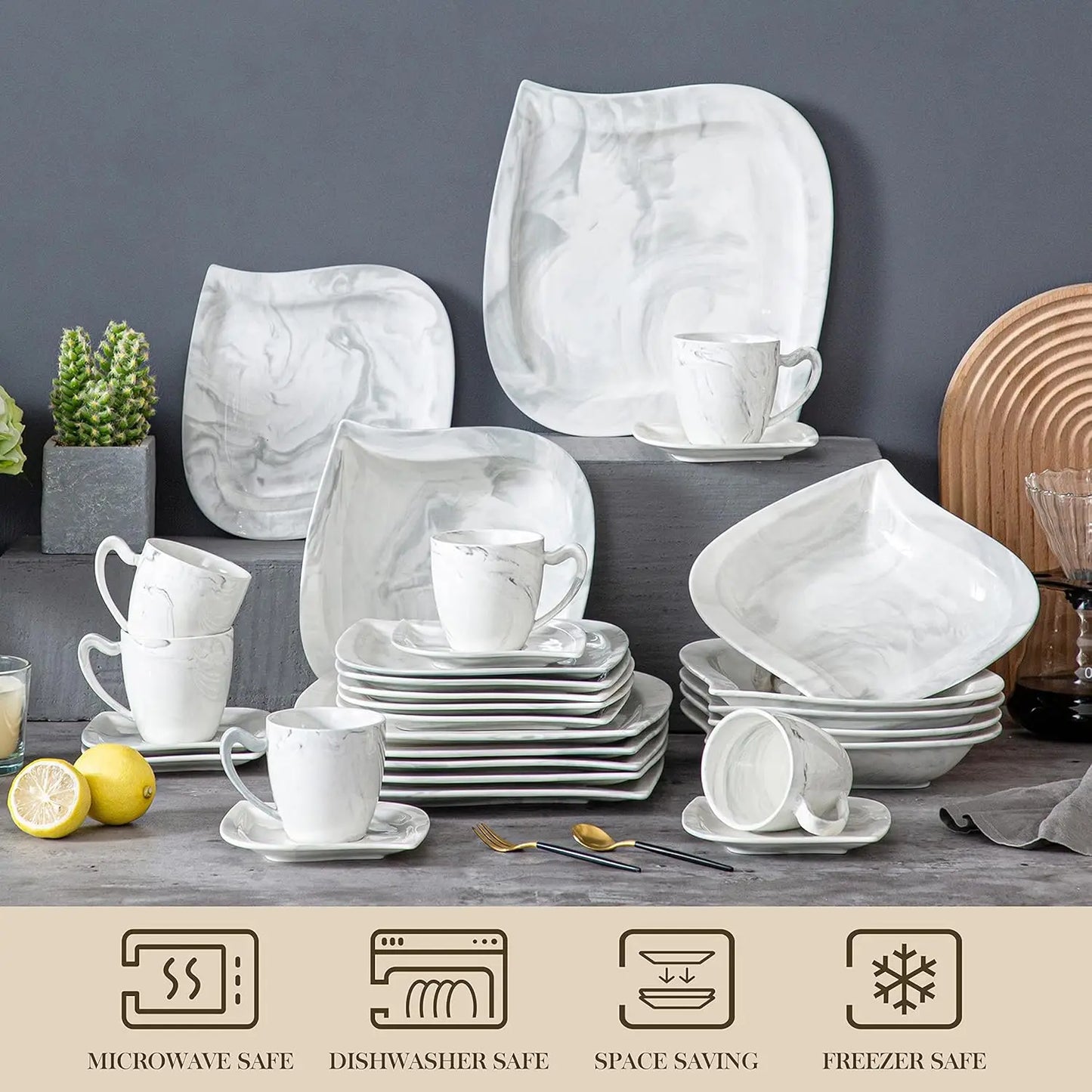 Dinnerware Sets for 6, 30 Piece Porcelain Plates and Bowls Sets, Marble Dish Set with Plates and Bowls, Cup and Saucer, Square P