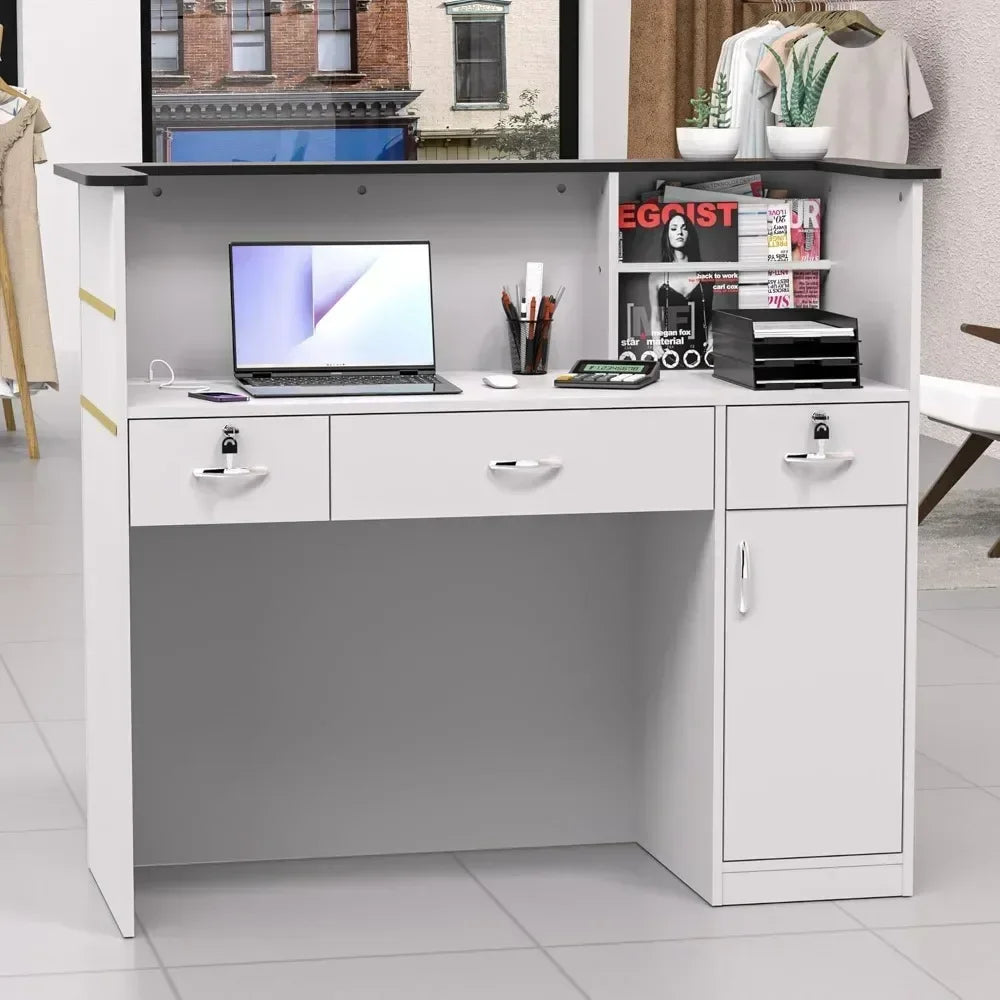 Reception Desk with Counter, 50-inch Checkout Counter with LED Lights Modern Front Table Equipped Lockers & Storage Shelves