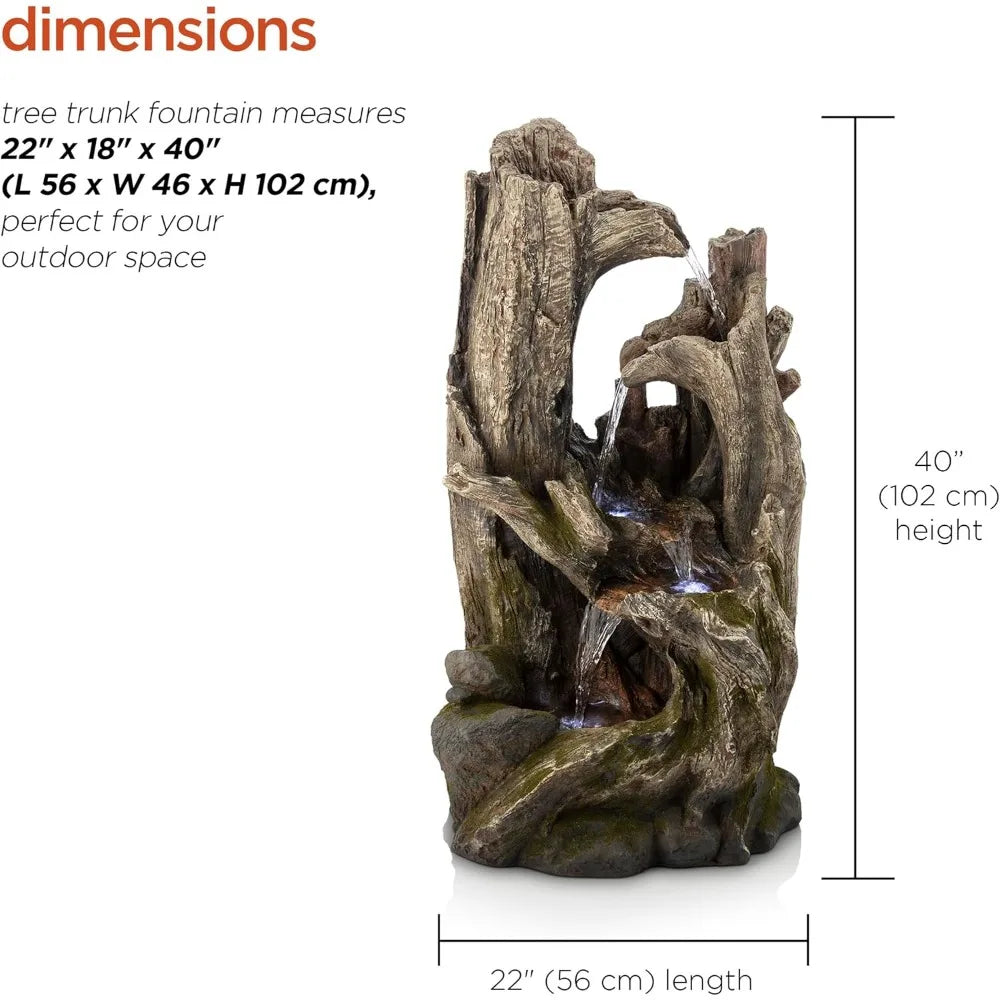 WIN786 4 Tier Rainforest Tree Trunk Waterfall Fountain with LED Lights Outdoor Garden, Patio, Yard and Porch Decor, 40"H