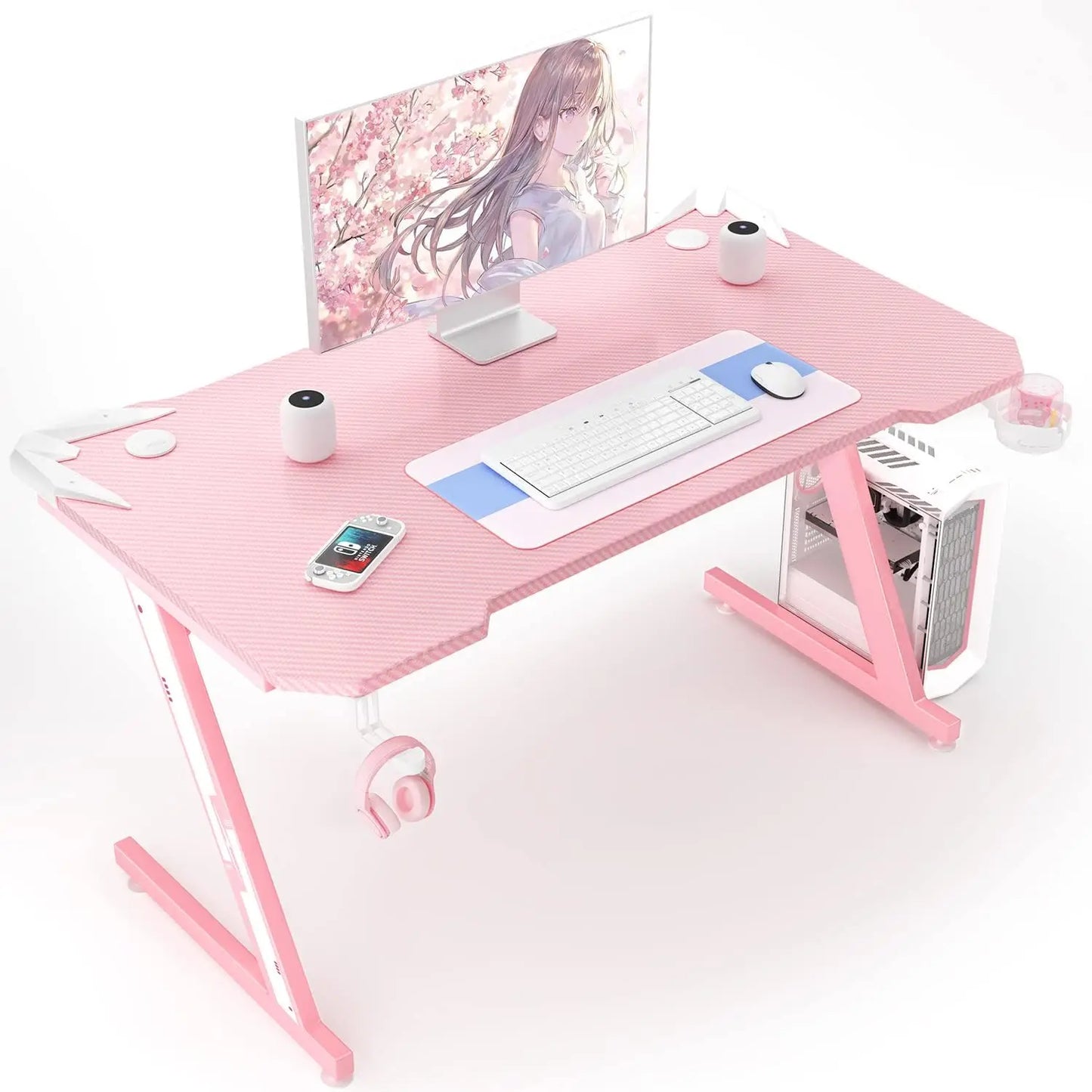 Gaming Computer Desk with Carbon Fiber Surface, Gaming Table Z Shaped PC Home Office with Cup Holder&Headphone Hook