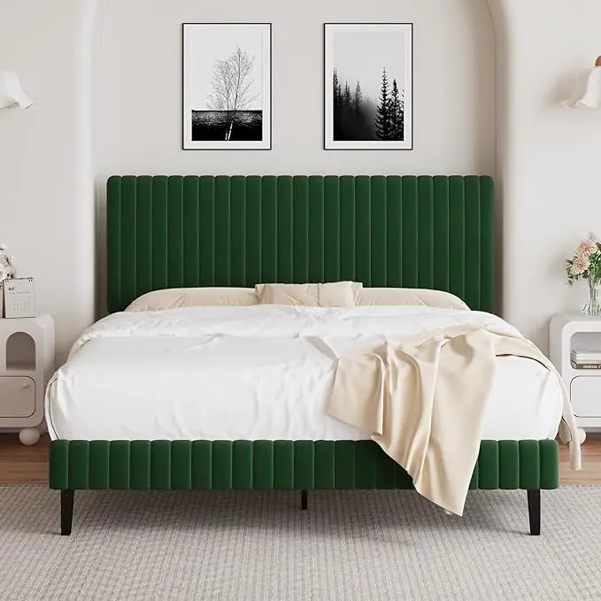 Queen Size Bed Frame with Headboard, Velvet Upholstered Platform Bed with Vertical Channel Tufted Design, No Box Spring Required