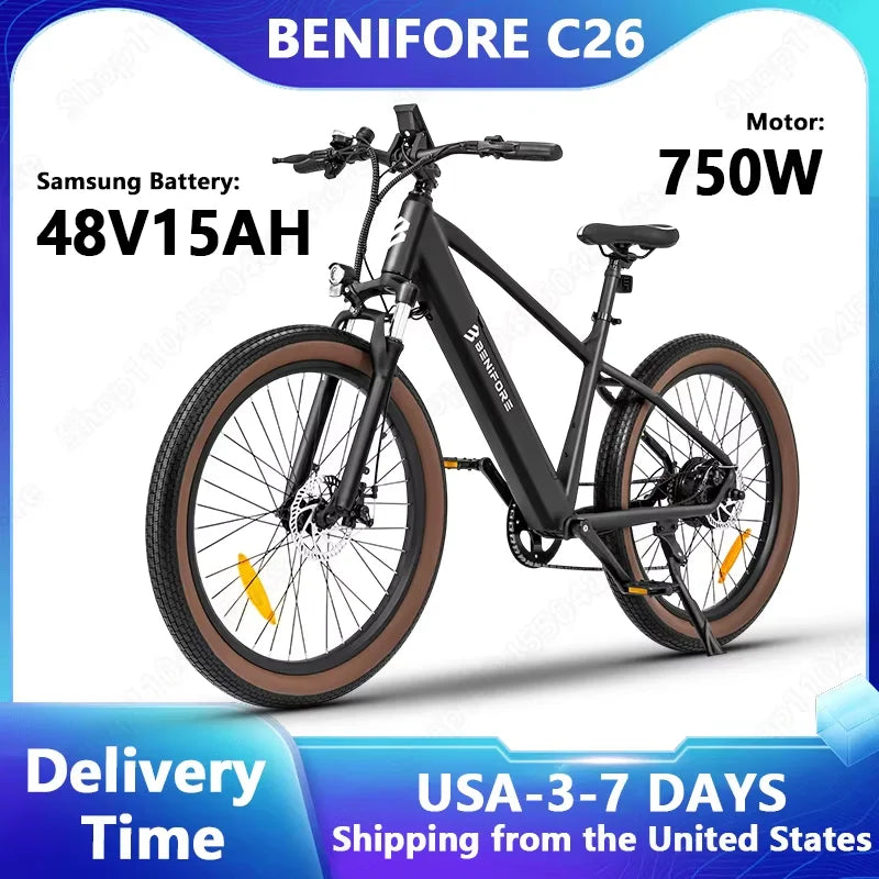 LUCKEEP C26 Aldult EBike 750W Motor 48V15AH Removable Battery City Electric Bikes 26*3.0-inch Off-road Mountain Electric Bicycle