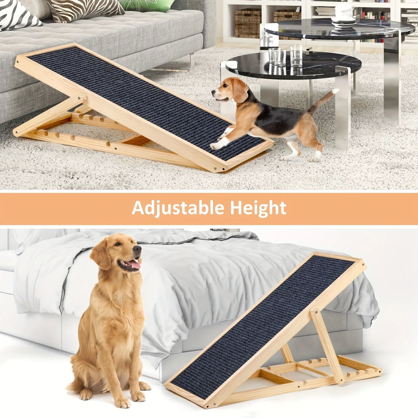 Adjustable Dog Cats Ramp, Upgraded Folding Portable Wood Pet Ramp for Small and Older Animals, 42" Long, Height from 14" to 26"