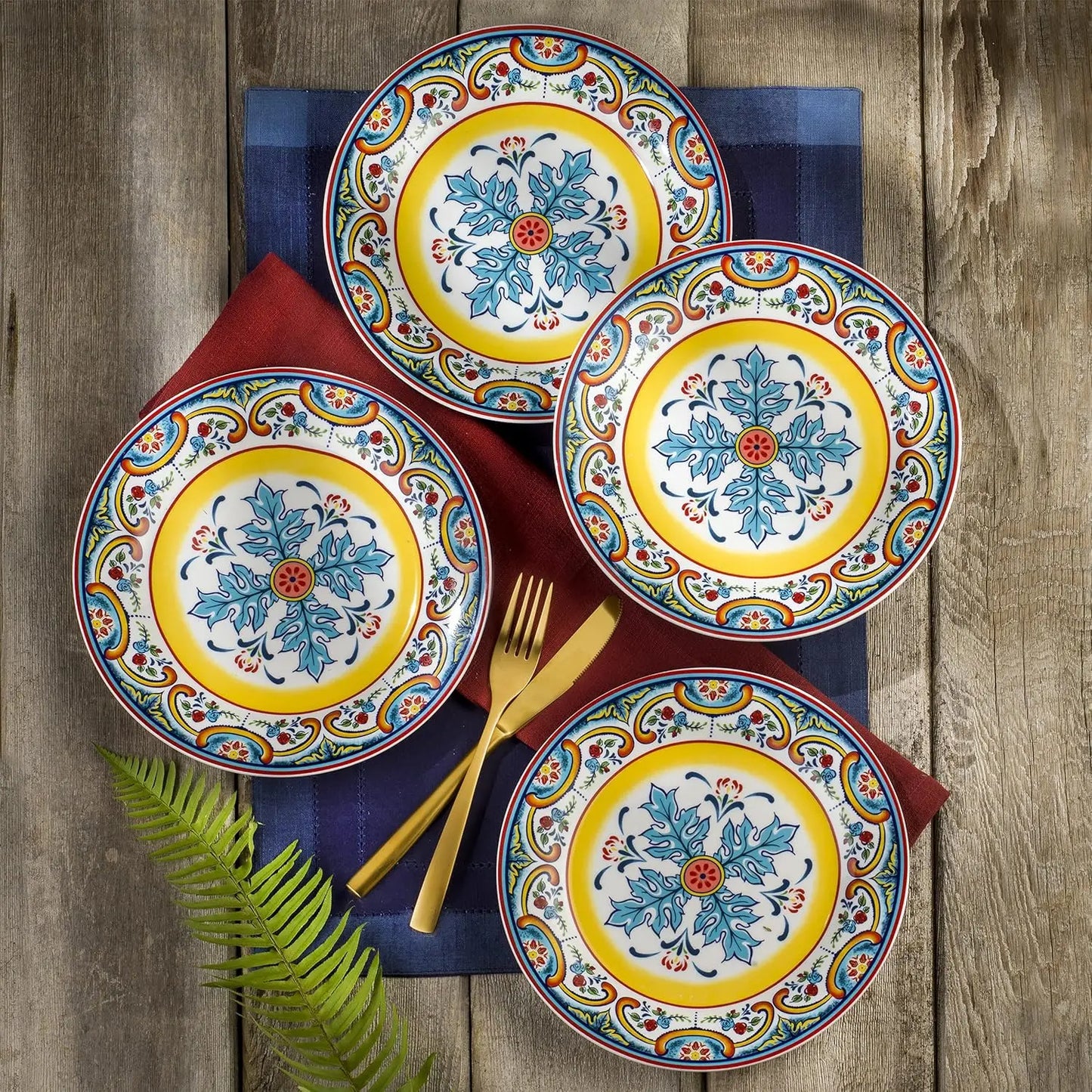 Zanzibar Double Bowl 16-Piece Dinnerware Set | Fine Kitchenware | Floral Multicolor Design Stoneware Tableware Service For 4