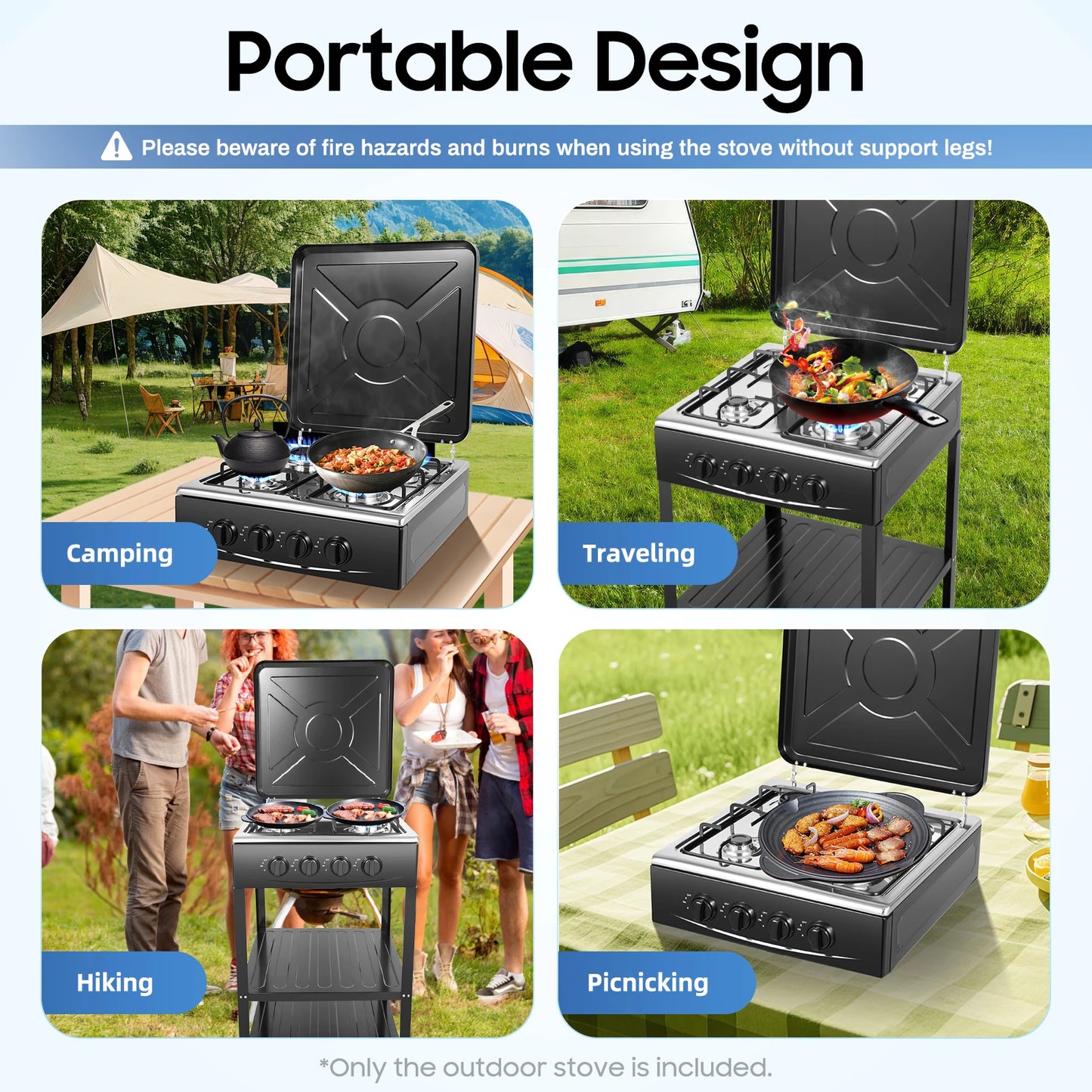 4 Burner Gas Stove Glass Ceramic Built-In Stove Natural Gas Propane Gas Hob w/Movable Storage Bracket