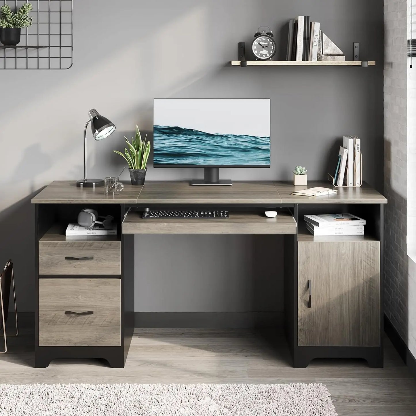 59" Executive Desk with 2 Drawers, Computer Desk with Storage Cabinet, Industrial Wood Design with File Drawer – Office-Ready Wo