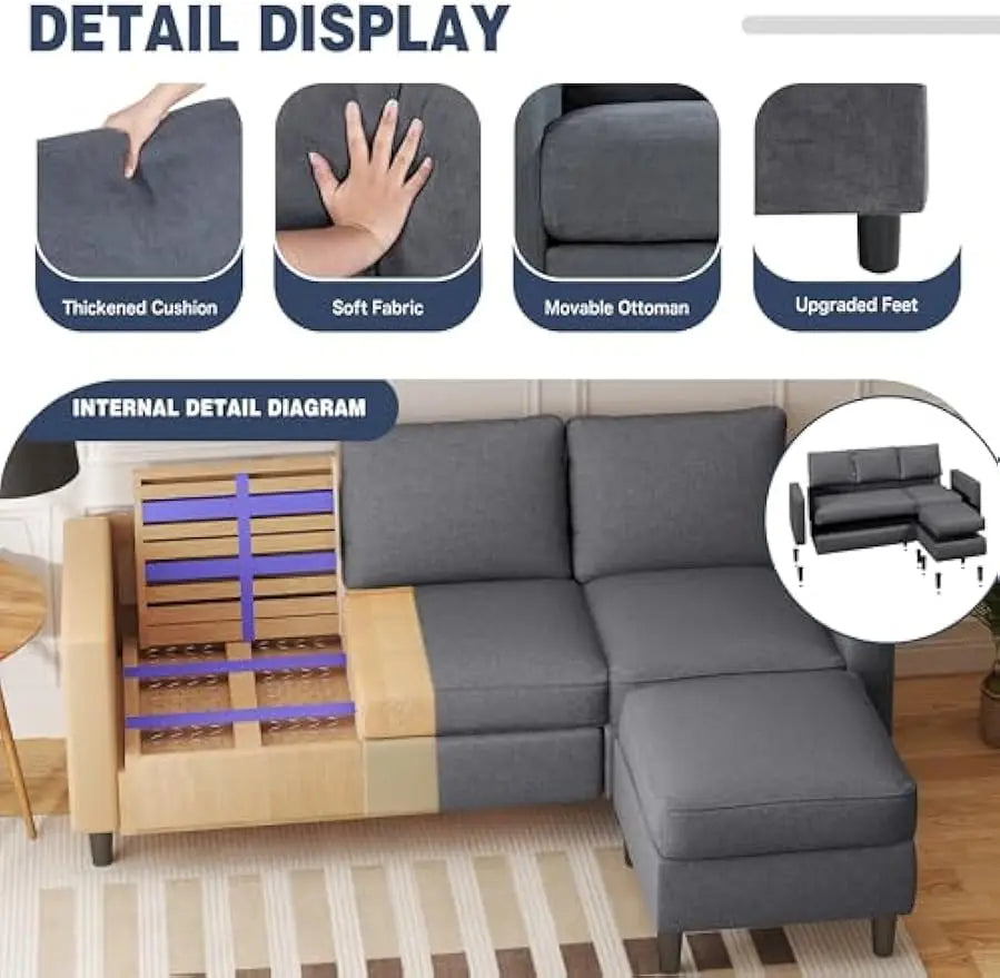Shintenchi Small Sectional Couch with Ottoman 3 Seat L Shaped Sofa Fabric Upholstered for Apartments Living Room