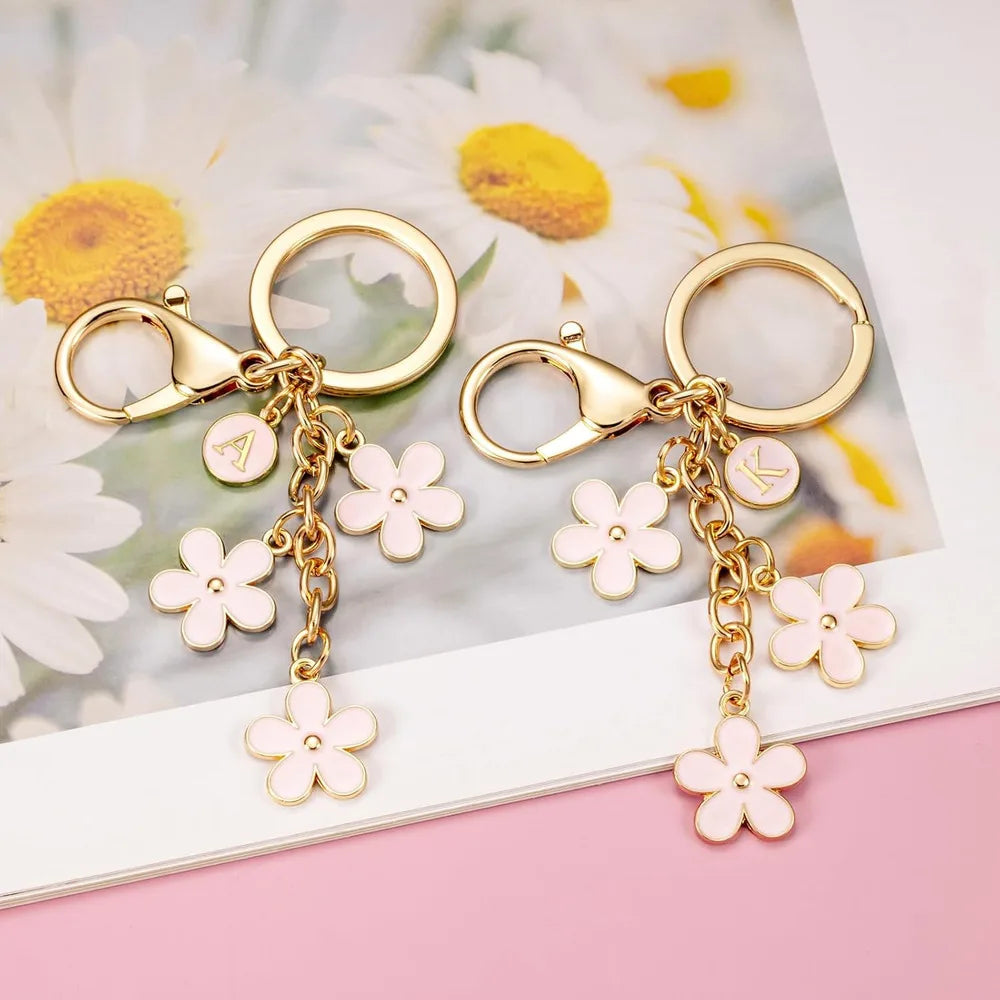 Initial Keychain White/Pink Flower Charms Key Cute Letter Keyring For Handbag Backpack