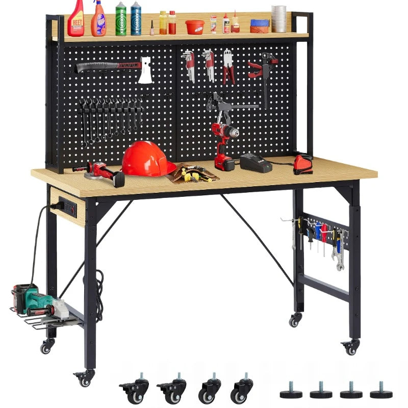 48 Inch Adjustable Workbench, Heavy Duty Wooden Tabletop Workbench with Wheels, 1600 Lbs. Weight Capacity with AC/USB Outlets.