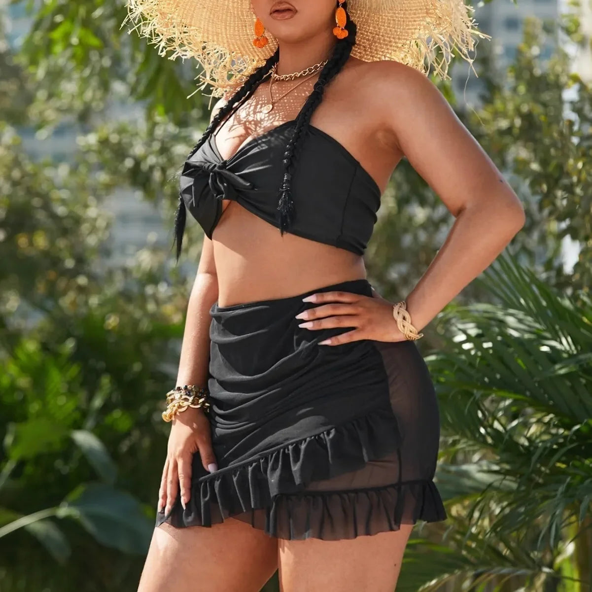 New Plus Size Split Swimsuit Women's Bikini Three Piece Set Mesh Hood Skirt Solid Color Beach Swimsuit Women Casual Y2k