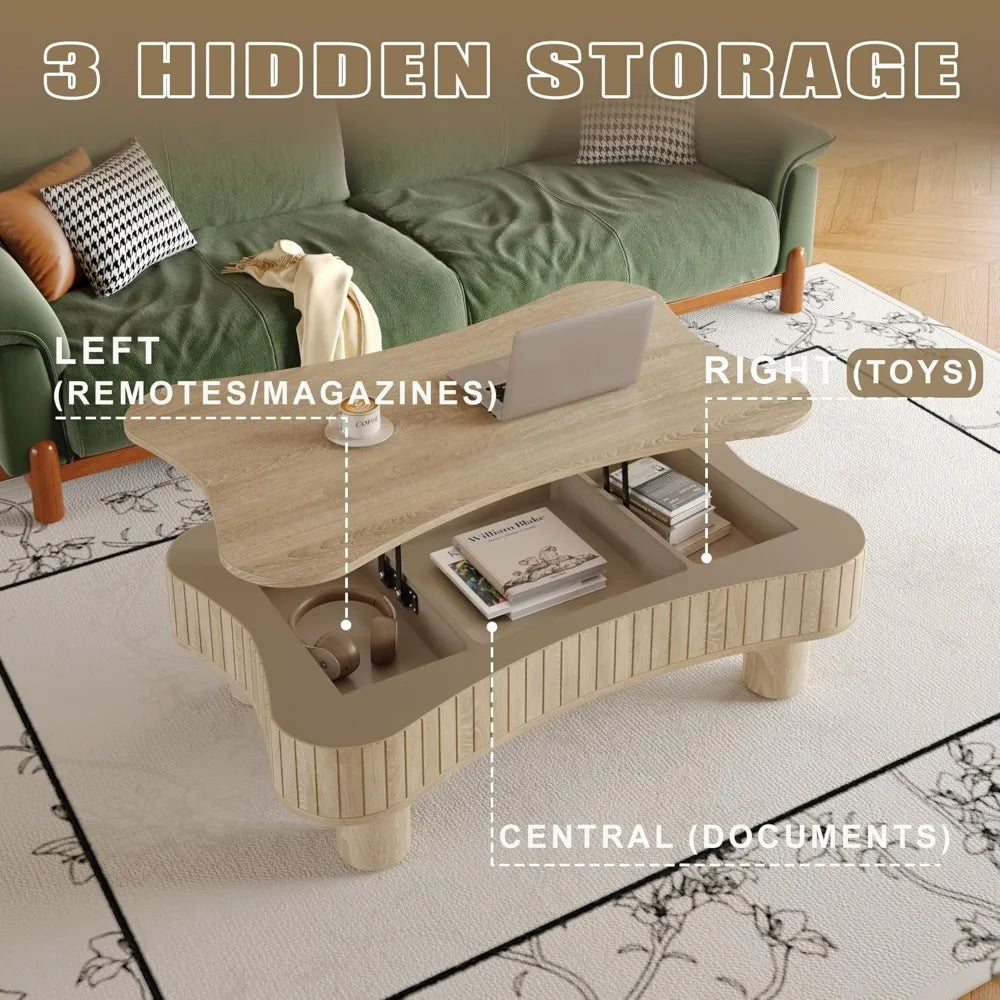 Lift Top Coffee Table with Hidden Storage, Lift Up Coffee Tables with Silent Hydraulic Lift, Cloud Shape Low Center Table Accent