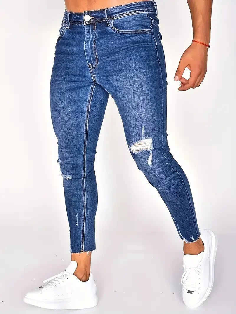 Men'S Slim Fit Distressed Warmth Jeans - Stretch Denim, Ripped Design, Mid-Rise, Cotton Blend, Perfect for Casual Street Style,