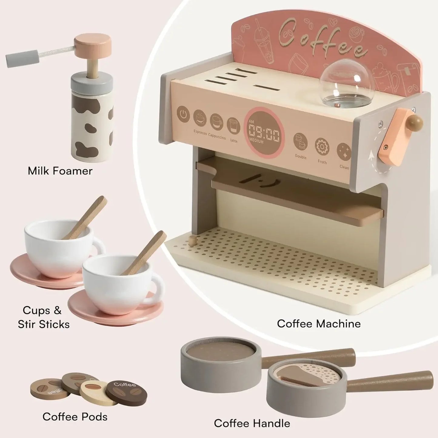 Robud Kids Coffee Maker with Grinder Wooden Toy Coffee Maker Espresso Machine Playset Play Kitchen Kitchen Sets for Girls Boys