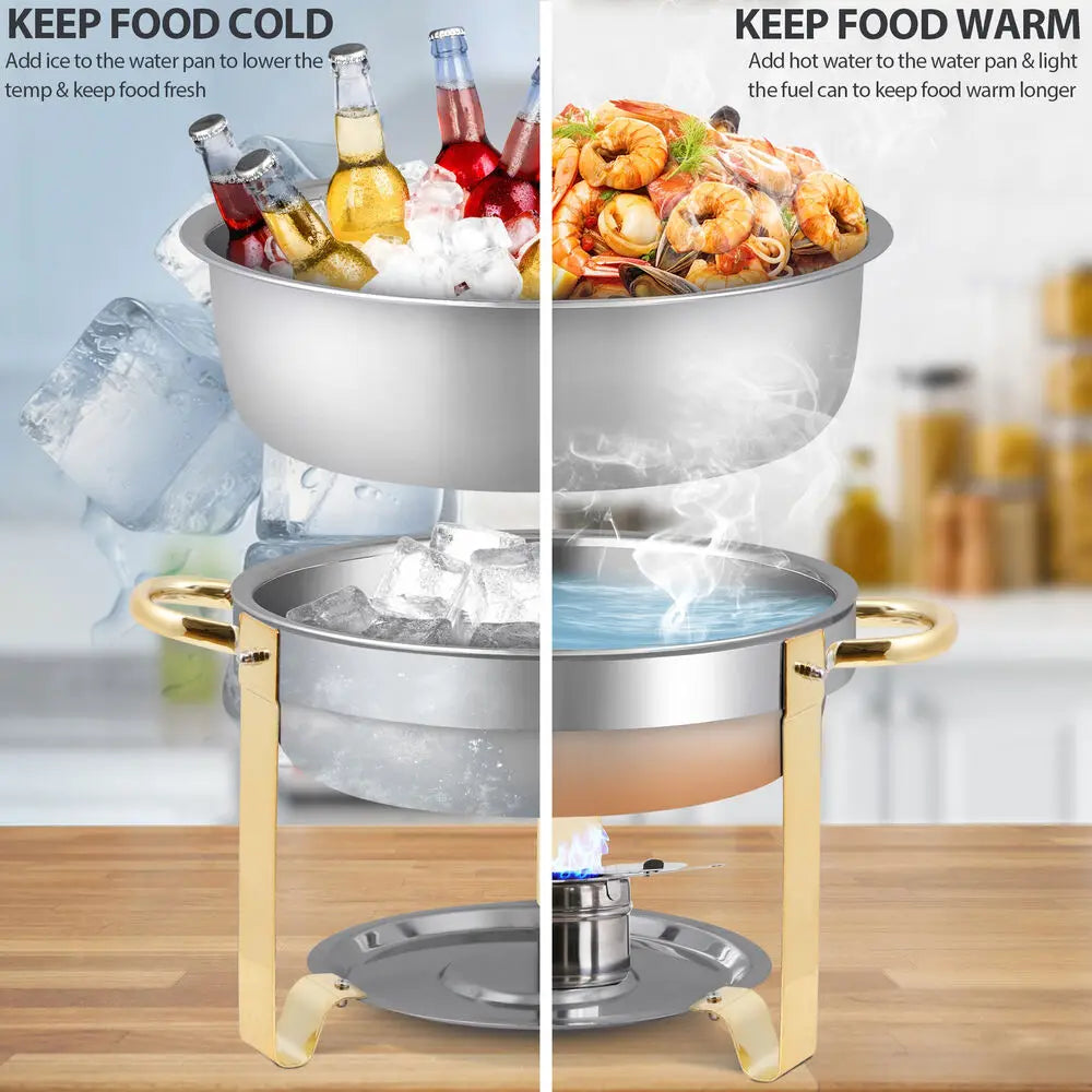 6Pack 5QT Stainless Steel Chafing Dish Buffet Set Round w/Glass Lid Gold