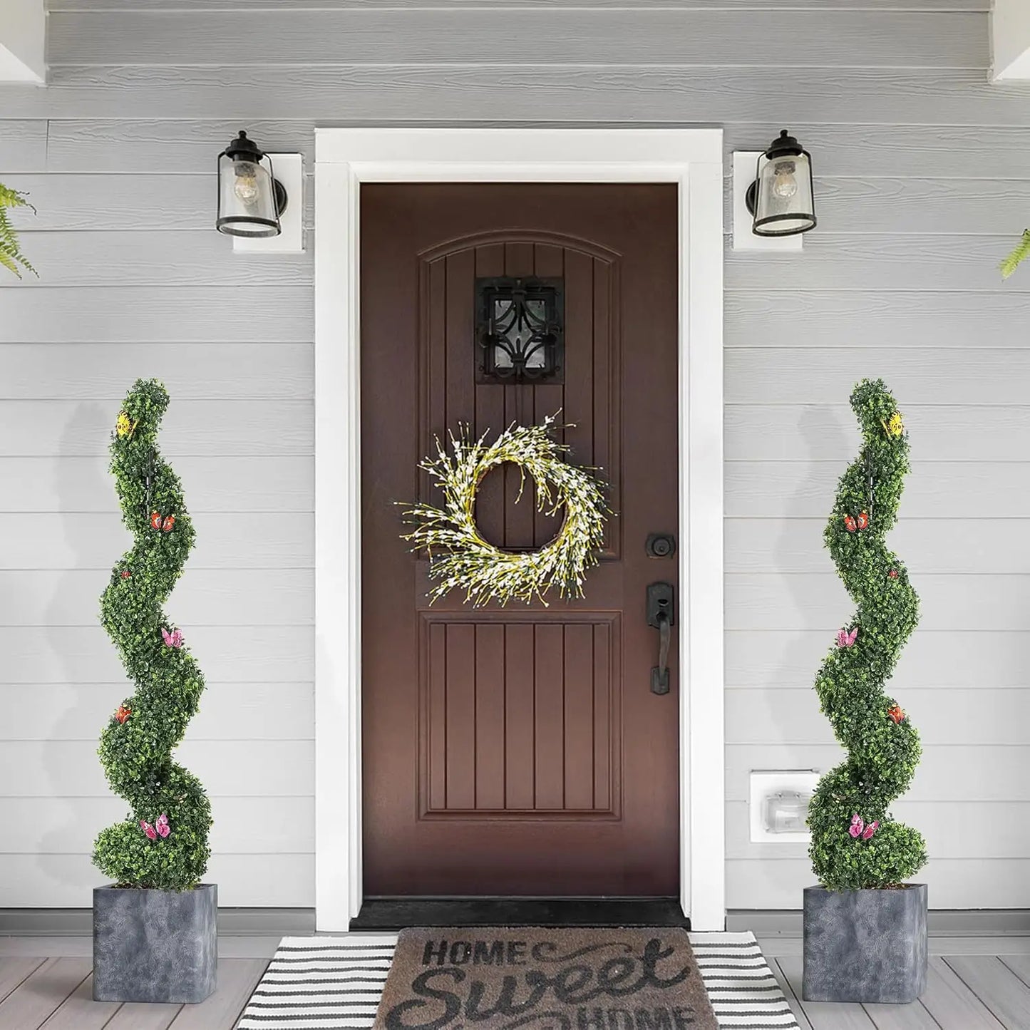 2pcs 4ft Artificial Spiral Topiary Trees Outdoor Faux Plants with Butterfly Front Door Faux Plant 2 for Porch Garden Home Decor
