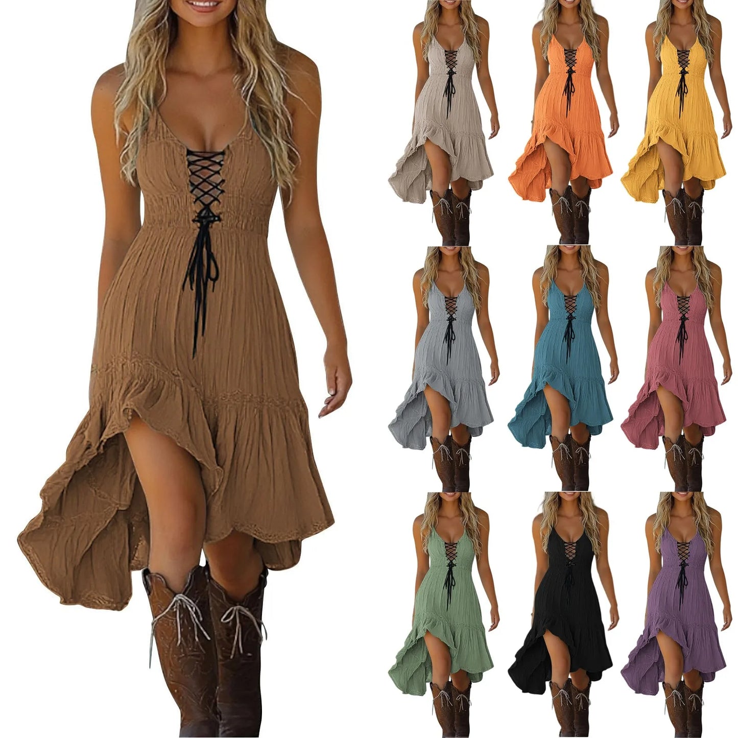 Womens Dresses Vintage Midi Dress Casual Sleeveless Ruffled Sundresses Halloween Western Outfit Vestidos De Verano 2025