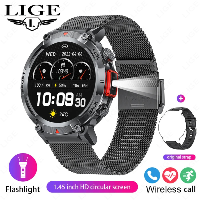 LIGE Smart Watch Men Outdoor Fitness Sports Waterproof Bluetooth Calling Bracelet Heart Rate Monitor LED Lighting Men Smartwatch