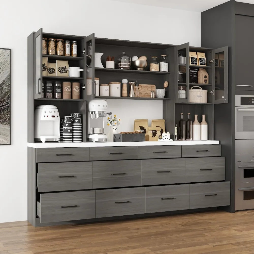 Large Garage Storage System with 12 Drawers, 94.5" W Glass Doors Workshop Cabinet Set with Thicken Countertop, Utility Bookshelf