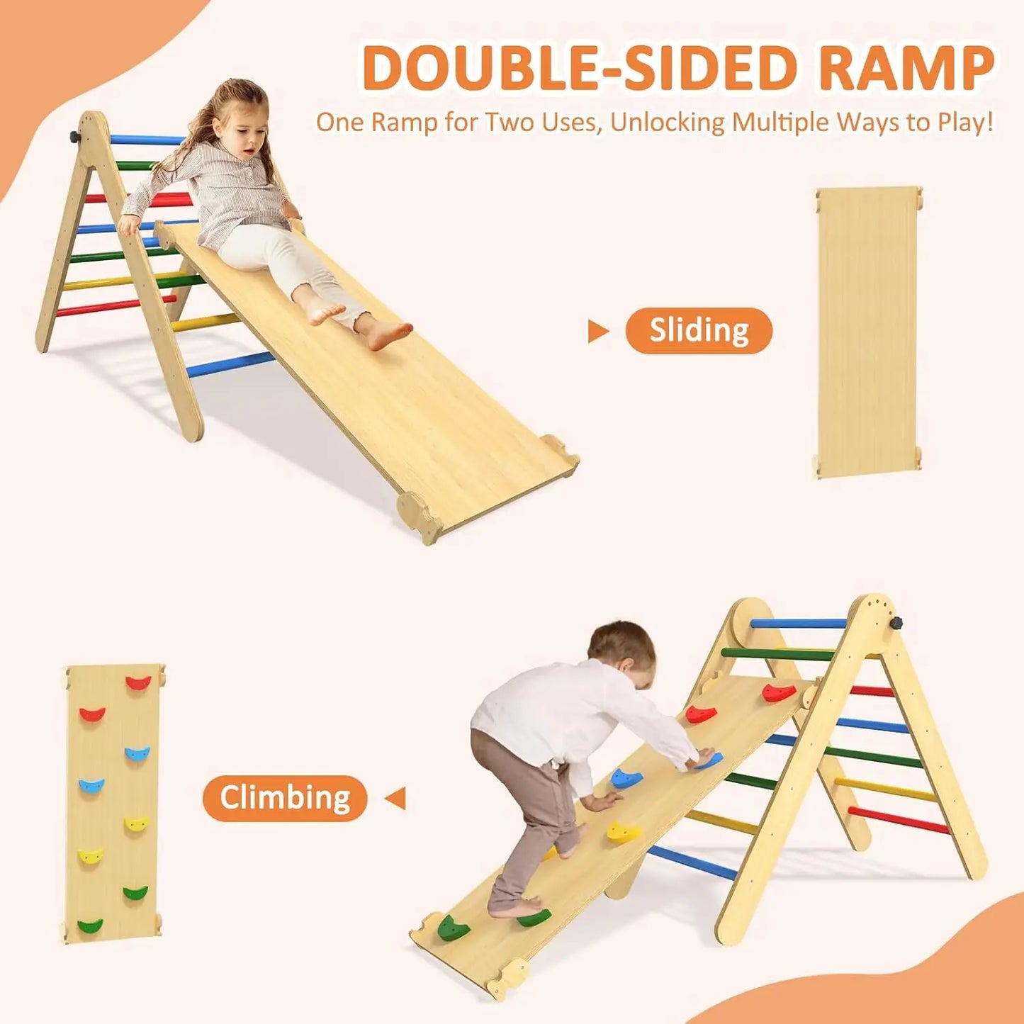 7 in 1 Pikler Triangle Set, Wooden Montessori Toddler Climbing Toys Indoor, Foldable Climbing Toys for Toddlers 1-3 Inside, 3 Pi