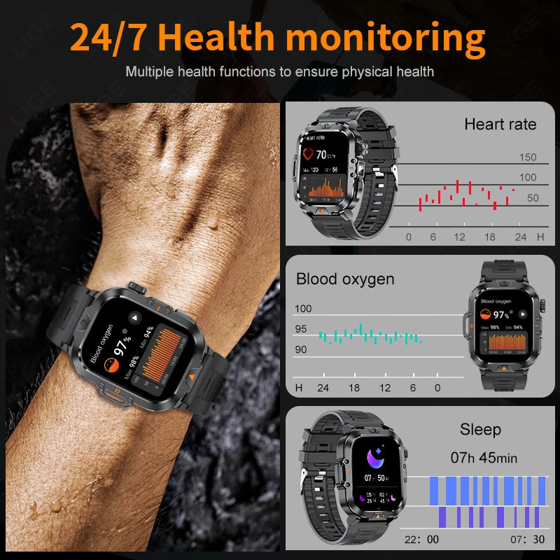 2.01-inch HD Screen Men Smart Watch with Flashlight Outdoor Sports Men's Watch IP68 Waterproof Health Monitoring Call Smartwatch