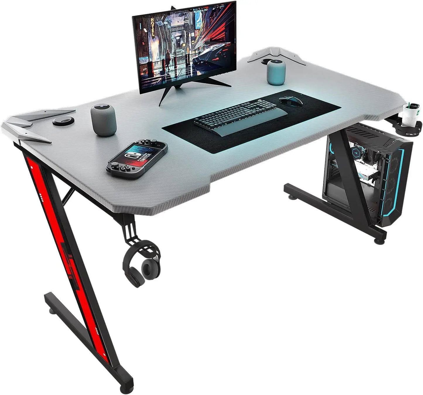 Gaming Computer Desk with Carbon Fiber Surface, Gaming Table Z Shaped PC Home Office with Cup Holder&Headphone Hook