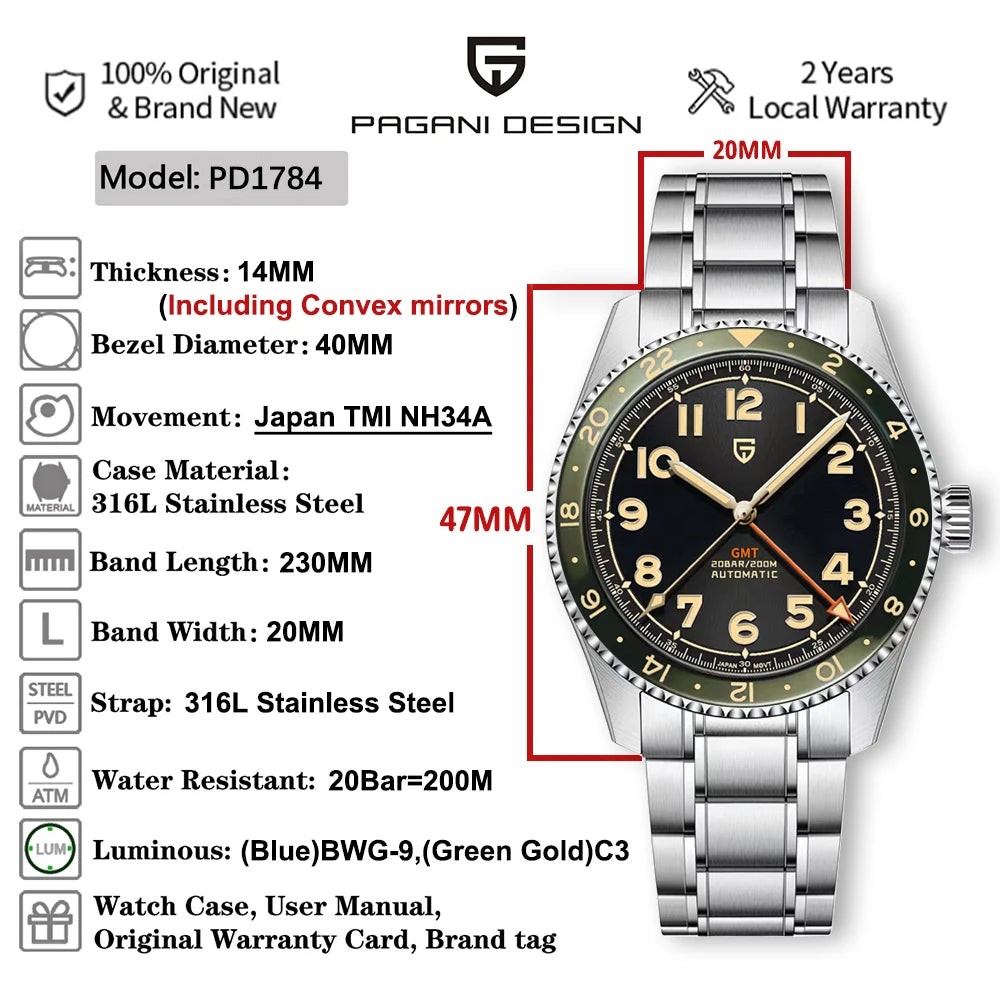 (Local delivery)PAGANI DESIGN 2025 New NH34 GMT Men's Automatic Mechanical Watch Stainless Steel Sapphire 20Bar C3 reloj hombre