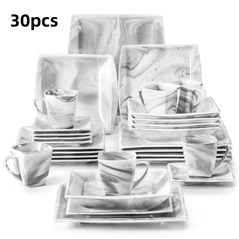 30PCS Marble Grey Porcelain Tableware Dinnerware Set with 6PCS Dessert/Soup/Dinner Plate/Cup/Saucer,Plates and Bowls Sets,FLORA