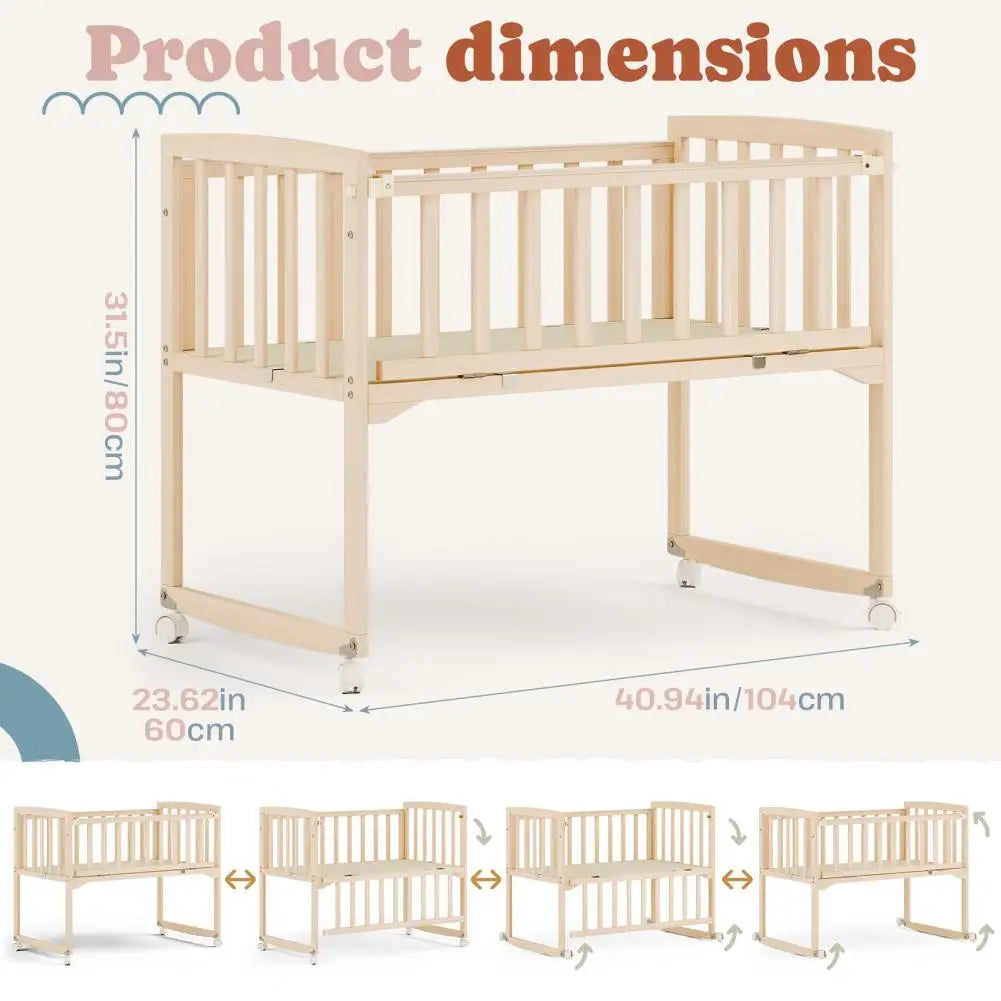 Wooden Bedside Bassinet, Pine Wood Crib With Detachable Fence And Wheels, Baby Bed Crib For Newborns And Infants