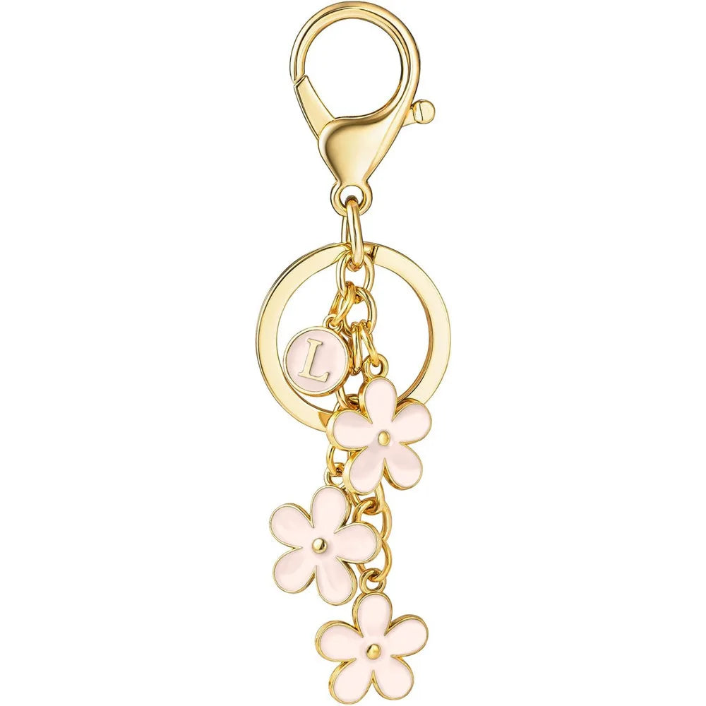 Initial Keychain White/Pink Flower Charms Key Cute Letter Keyring For Handbag Backpack