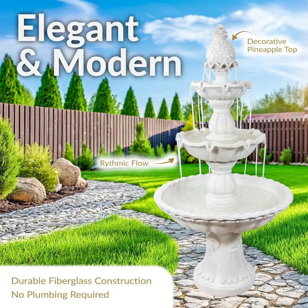 57" H Welcome 3-Tier Water Fountain - Large Electric Water Fountain with Pineapple Topper for Garden, Patio or Yard - White