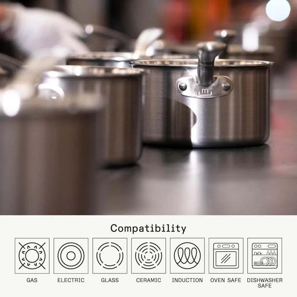 10 Piece Stainless Steel Pot and Pan Set - 5 Ply Clad - Includes Stainless Steel Frying Pans, Saucepans, Cookware Set