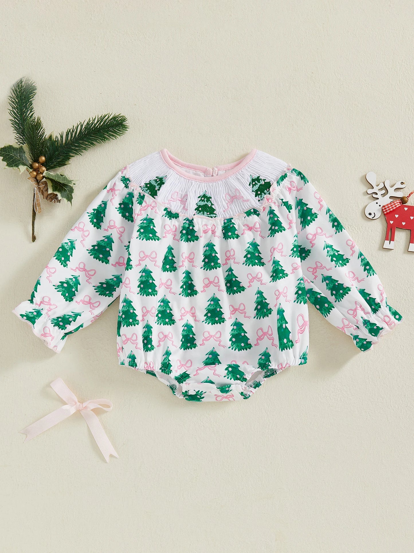 Cute Toddler Christmas Romper with Festive Reindeer Print and Ruffled Sleeves for Baby Girls - Adorable Holiday Jumpsuit
