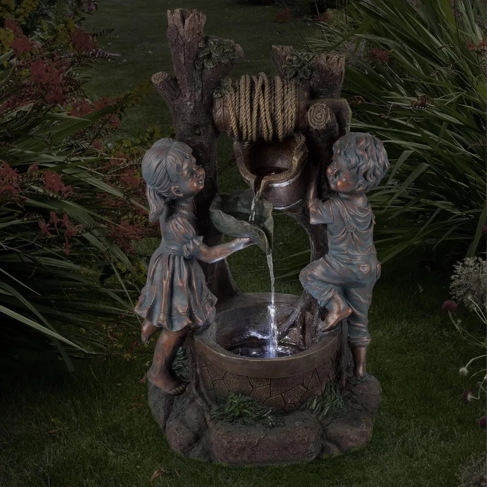 Outdoor Water Feature: Boy and Girl Statue with Cascading Fountain and LED Lighting for Garden or Patio by Pure Gard