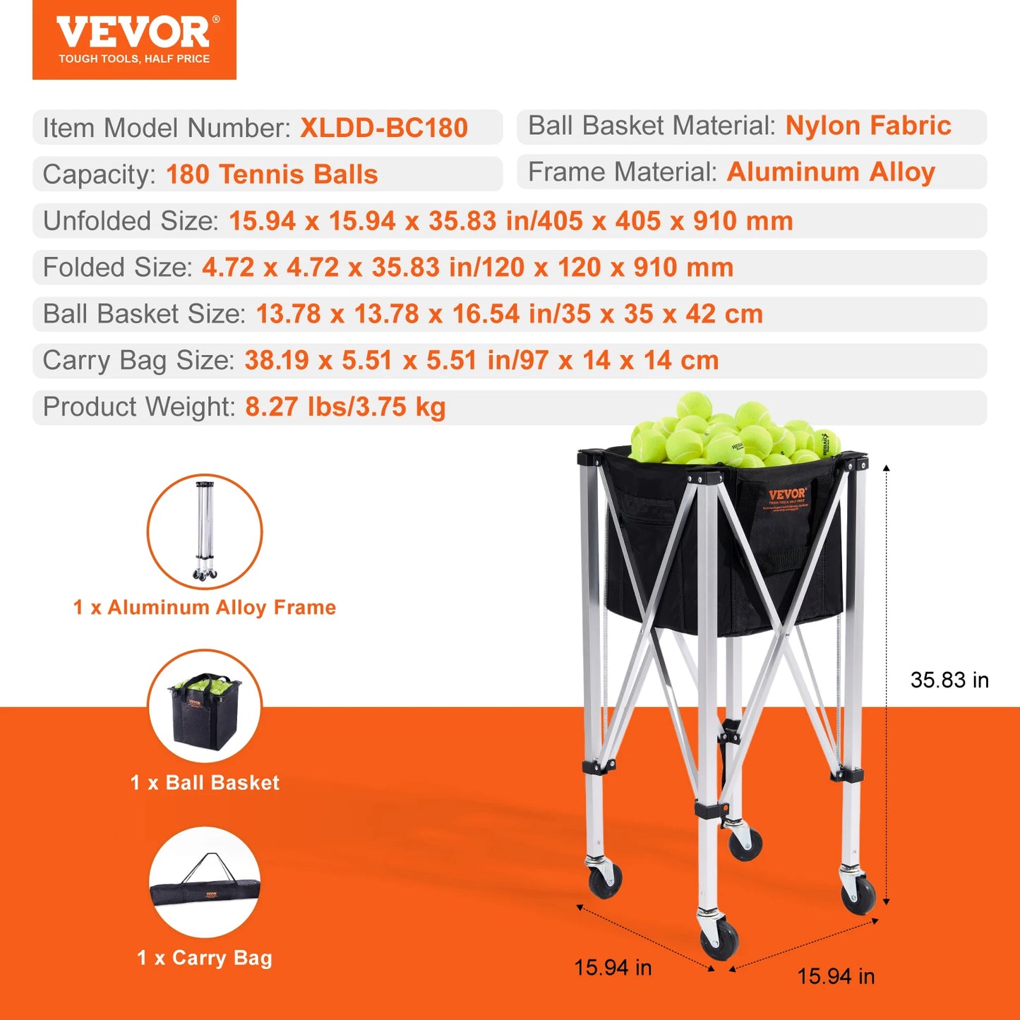 VEVOR Foldable Tennis Ball Cart Holds 150/180 Tennis Balls Basket Hopper with Wheels Sports Teaching Portable Baseball Trolley