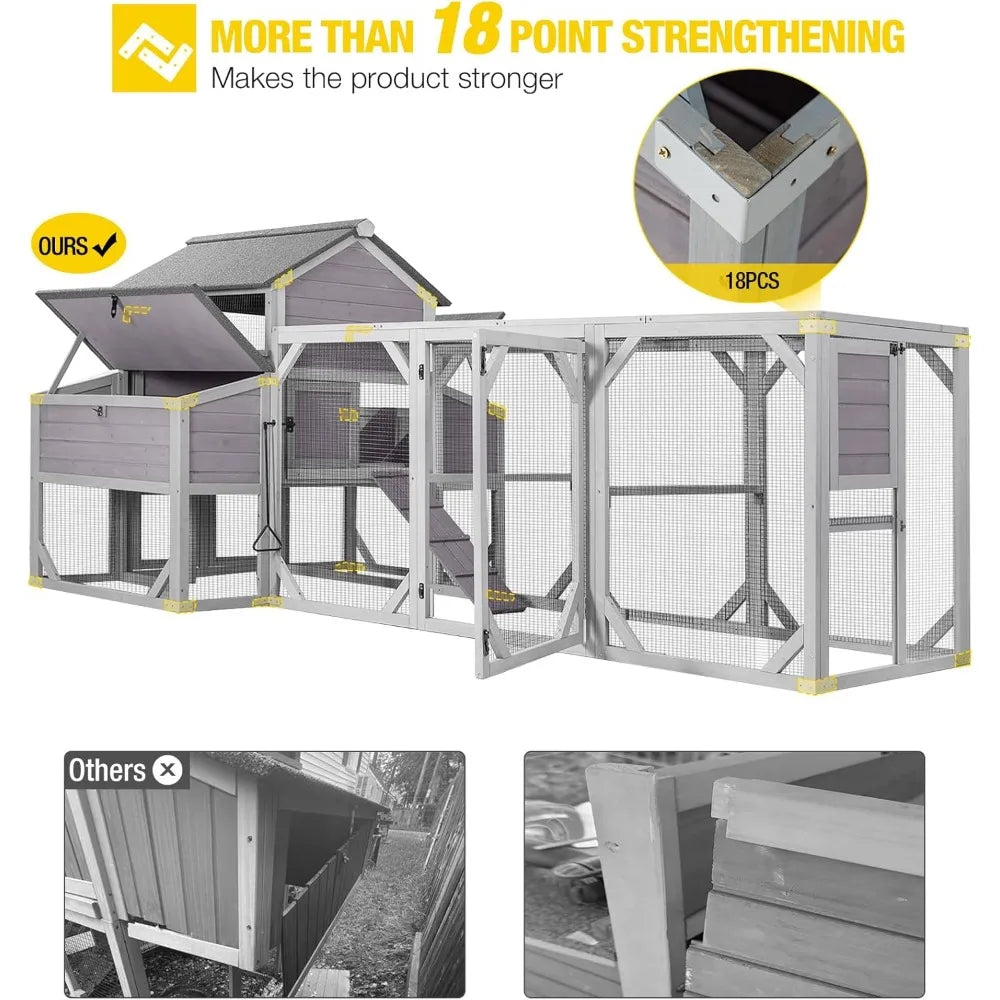 Chicken Coop Extra Large Chicken House 41.3ft² for 8-10 Chickens Outdoor Wooden Hen House Poultry Cage with 6 Nesting Boxes, 6