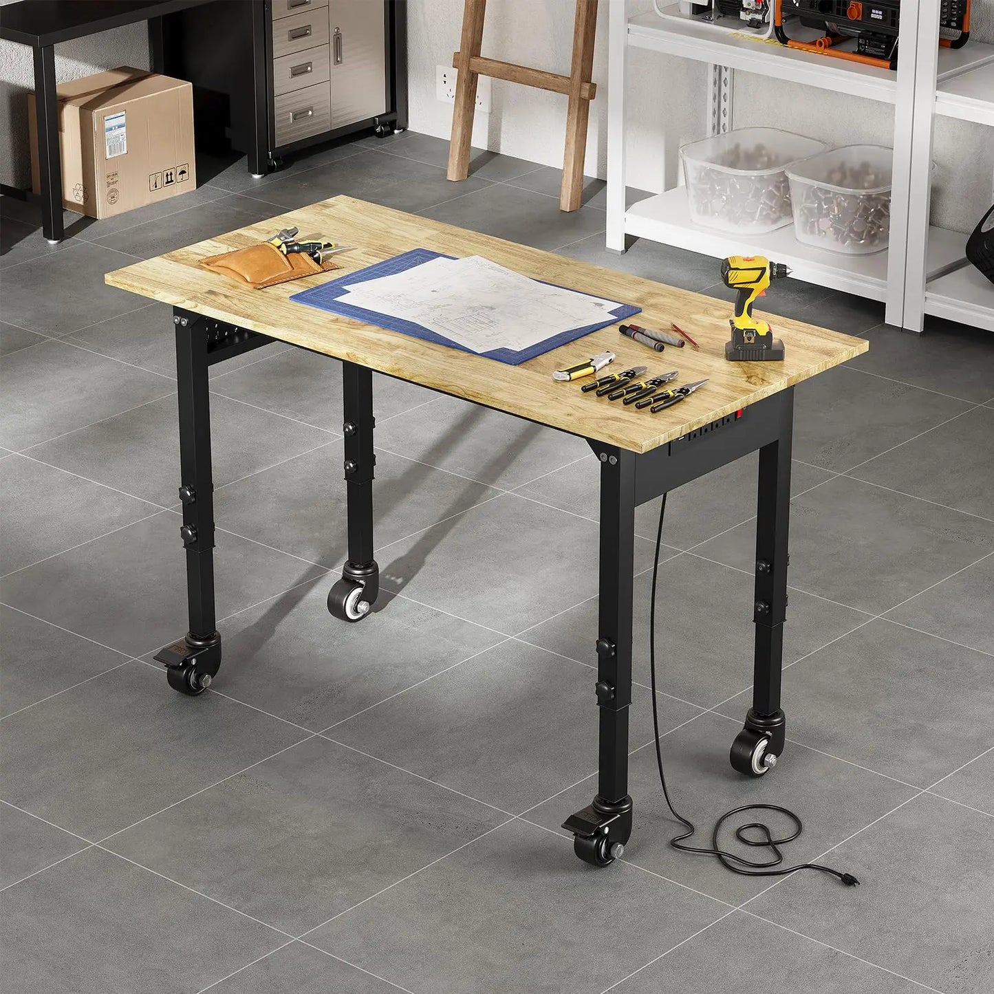 48/60" Adjustable Work Bench for Garage Workstation with Hooks/Power Outlets/Wheels,2000 Lbs Rubber Worktable for Workshop Garag